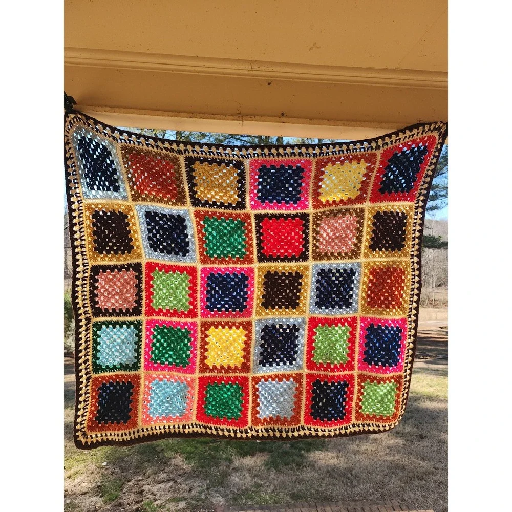 Handmade Vintage Style Crochet Granny Square Blanket Multi-Color Boho Throw